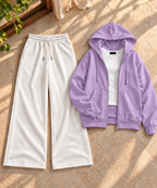 Lilac Zipper Hoodie with Inner & White Flapper Trouser