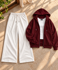 Burgundy Zipper Hoodie with White Inner & White Flapper Trouser