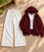 Burgundy Zipper Hoodie with White Inner & White Flapper Trouser