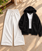 Black Zipper Hoodie with White Inner & White Flapper Trouser