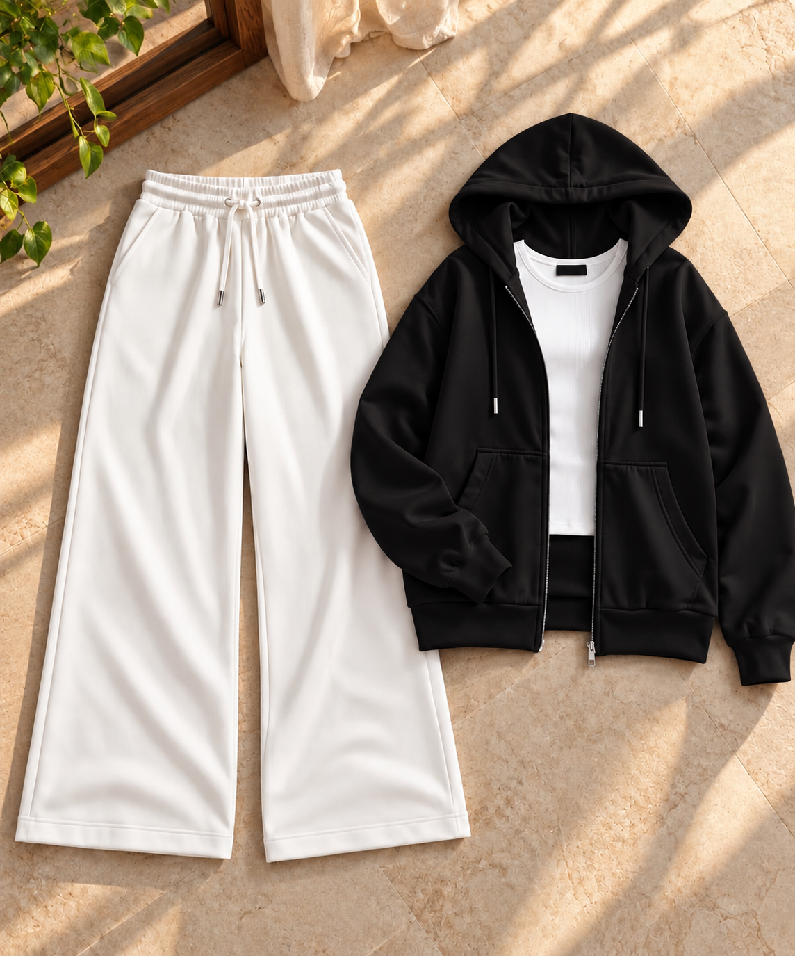 Black Zipper Hoodie with White Inner & White Flapper Trouser