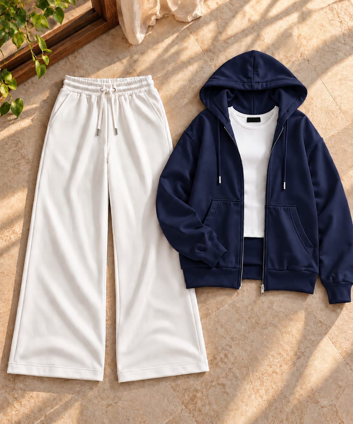 Zipper Hoodie with Inner & White Flapper Trouser