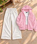 Baby Pink Zipper Hoodie with Inner & White Flapper Trouser