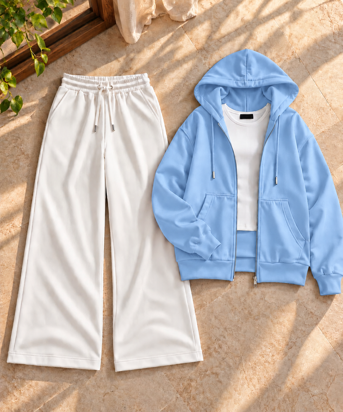 Sky Blue Zipper Hoodie with Inner & White Flapper Trouser
