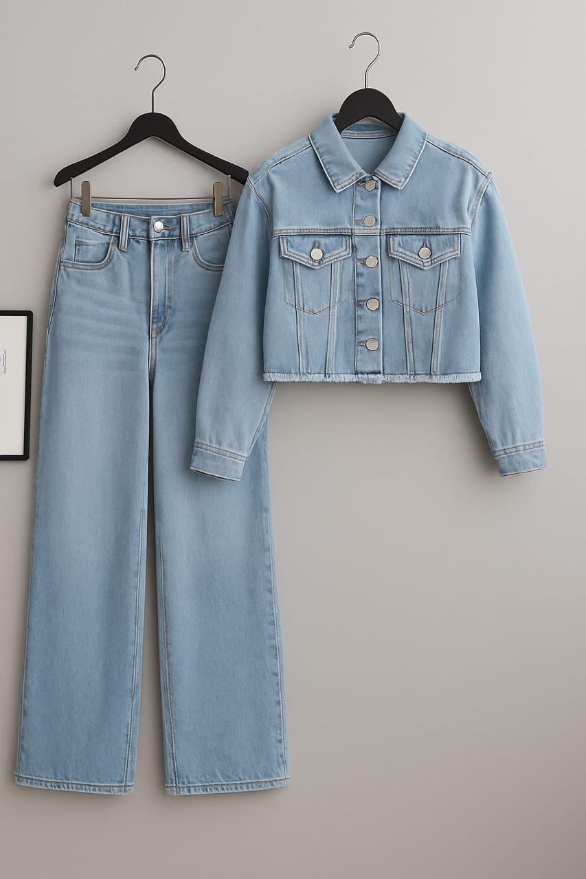 Crop Denim Jacket With Wide Leg Jeans