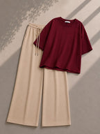 Burgundy Oversized Tee With Beige Flapper Trouser
