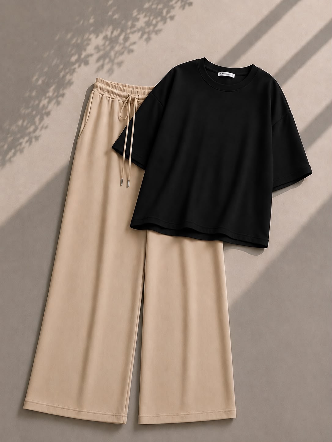 Black Oversized Tee With Beige Flapper Trouser