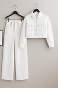 White Crop Denim Jacket With White Wide Leg Jeans