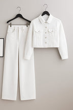 White Crop Denim Jacket With White Wide Leg Jeans