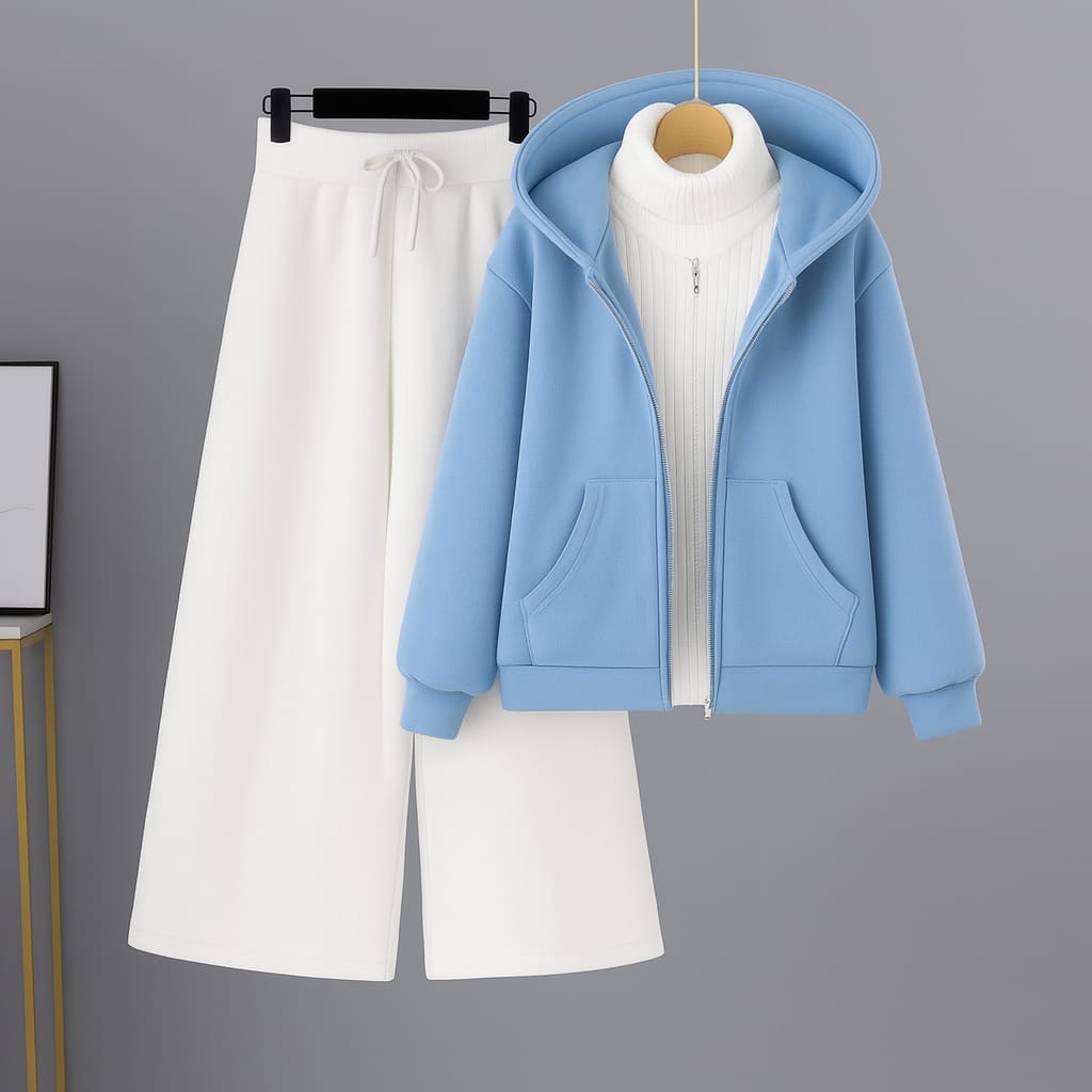 Sky Blue Zipper Hoodie With White Highneck & White Flapper