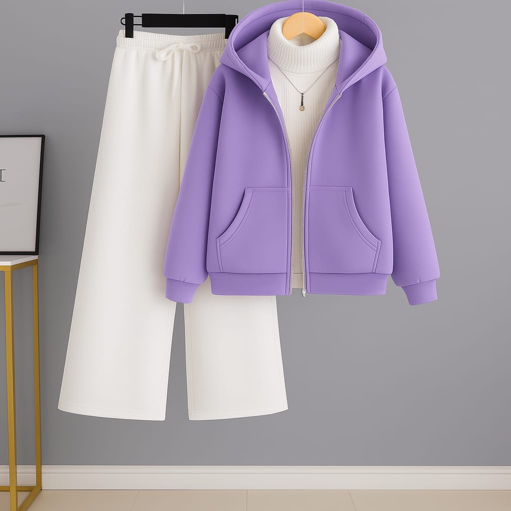 Lilac Zipper Hoodie With White Highneck & White Flapper