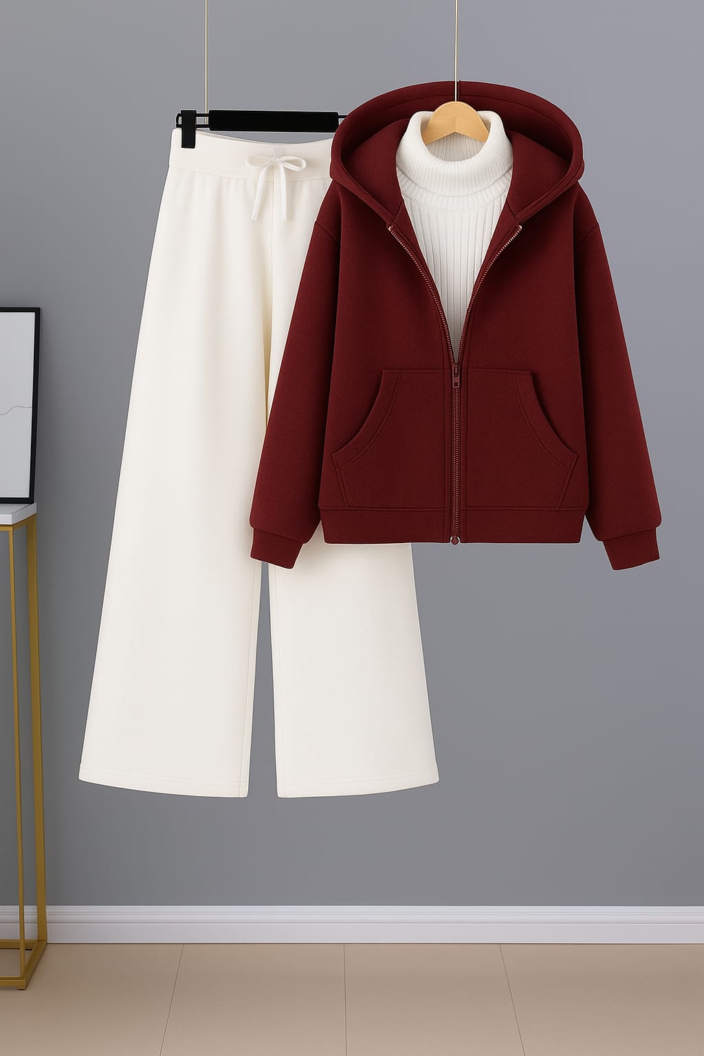 Burgundy Zipper Hoodie With White Highneck & White Flapper