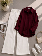 Maroon Button Down Shirt & White Wide Leg Jeans