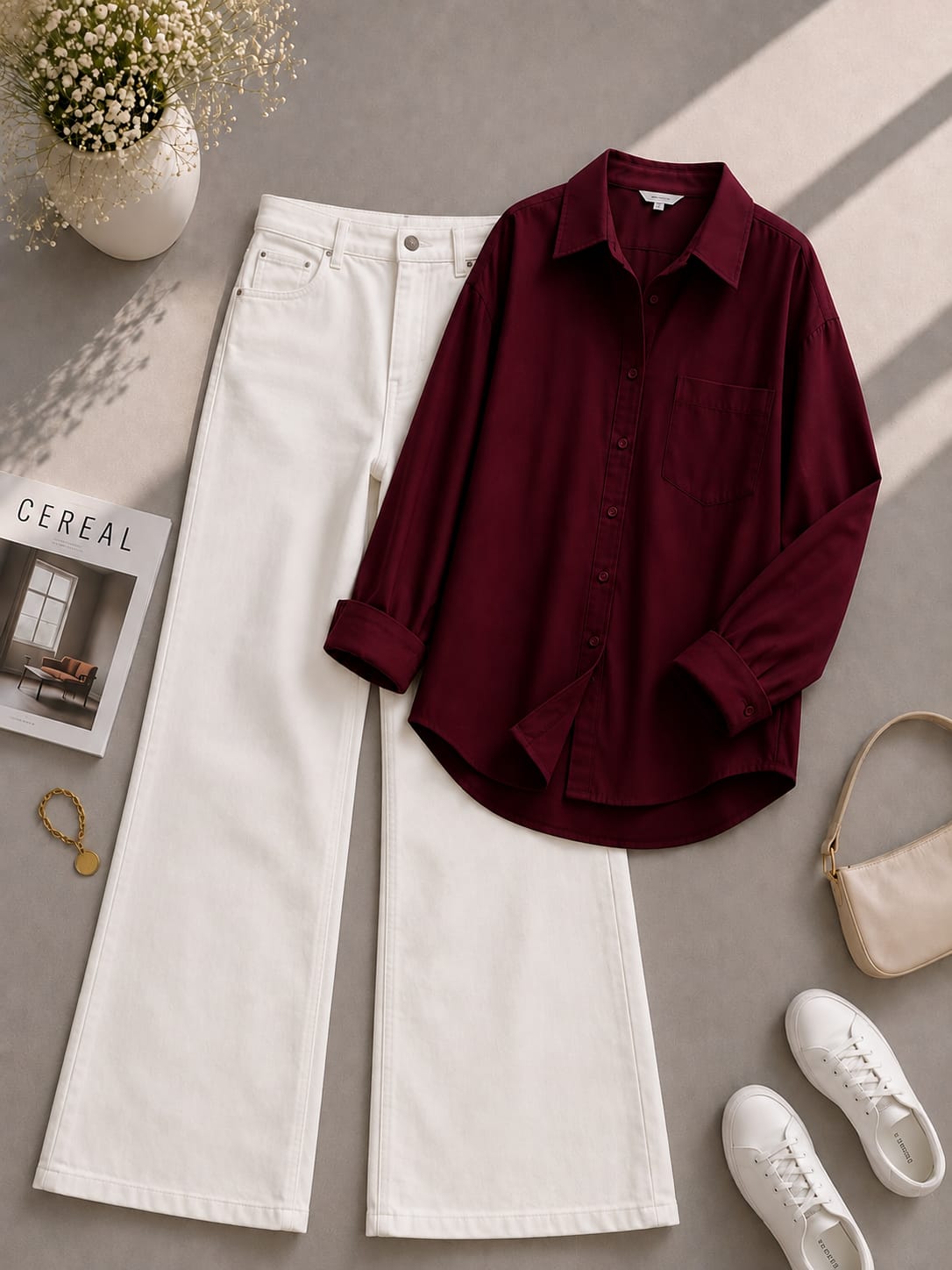 Maroon Button Down Shirt & White Wide Leg Jeans