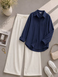 Navy-Blue Button Down Shirt & White Flapper Trouser