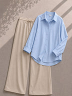 Sky Blue Button Down Shirt With Beige Flapper Trouser