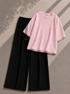 Baby Pink Oversized Tee With Black Flapper Trouser