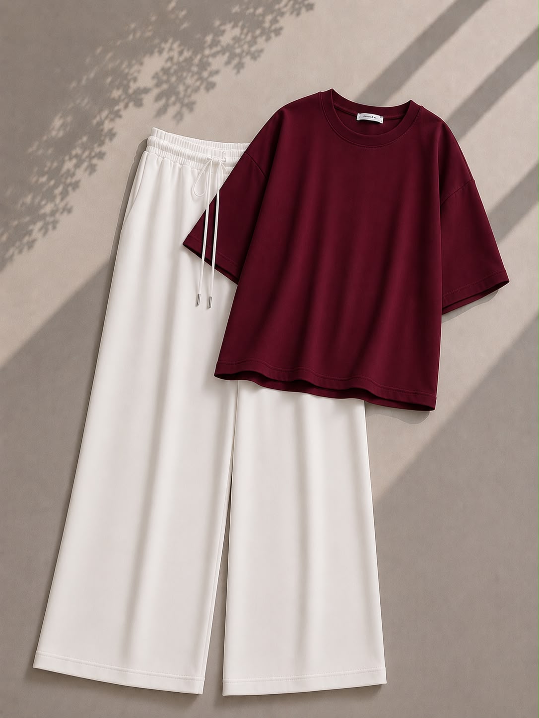 Burgundy Oversized Tee With White Flapper Trouser
