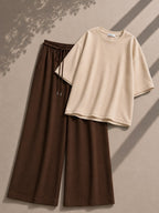 Beige Oversized Tee With Brown Flapper Trouser