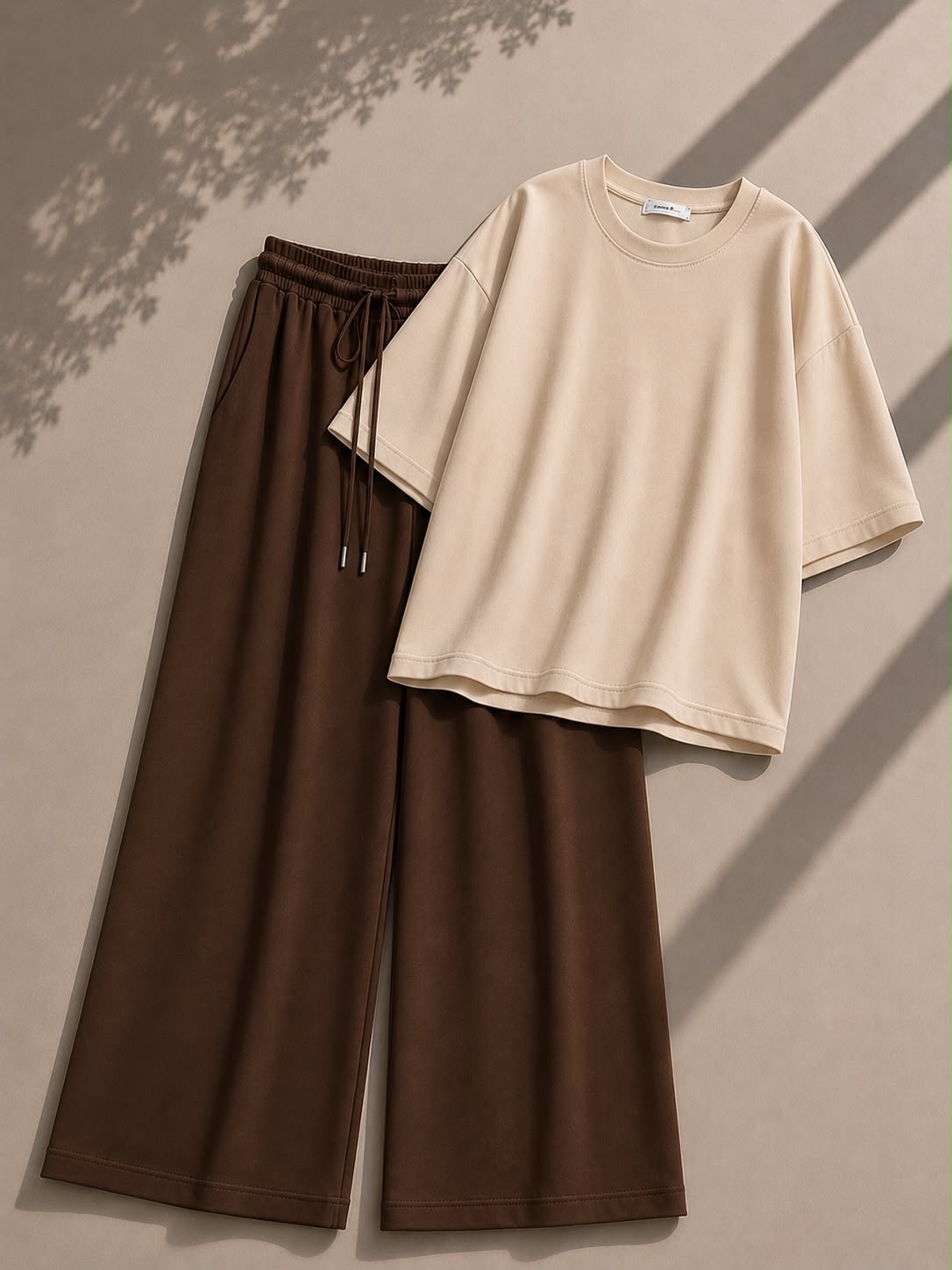 Beige Oversized Tee With Brown Flapper Trouser