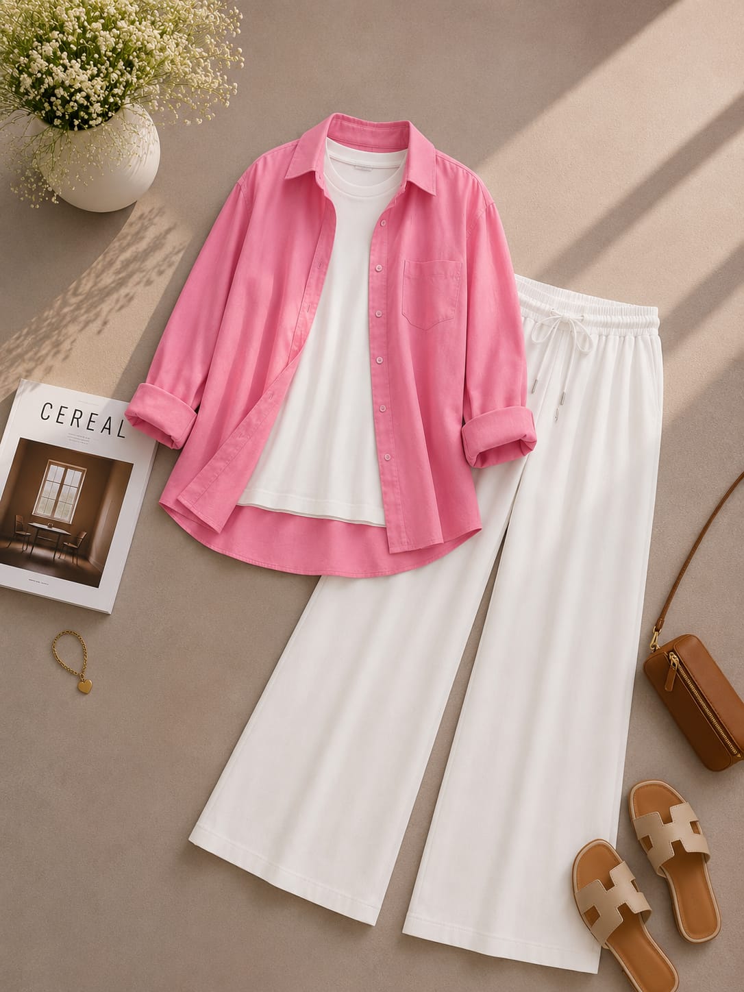 Baby Pink Button Down Shirt With White T-shirt & White Flapper Trouser