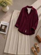 Maroon Button Down Shirt With White Inner & Beige Flapper Trouser