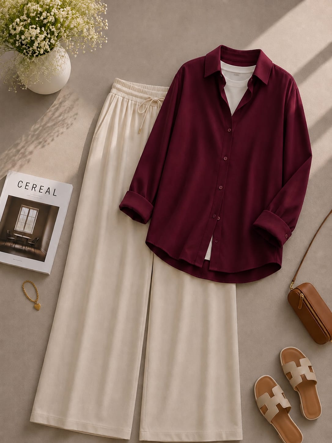 Maroon Button Down Shirt With White Inner & Beige Flapper Trouser