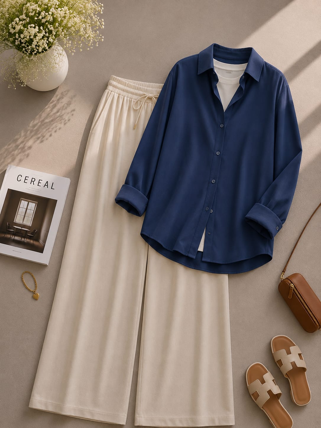 Navy Blue Button Down Shirt With White Inner & Beige Flapper Trouser