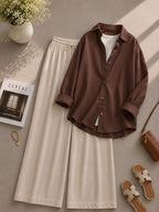 Brown Button Down Shirt With White Inner & Beige Flapper Trouser