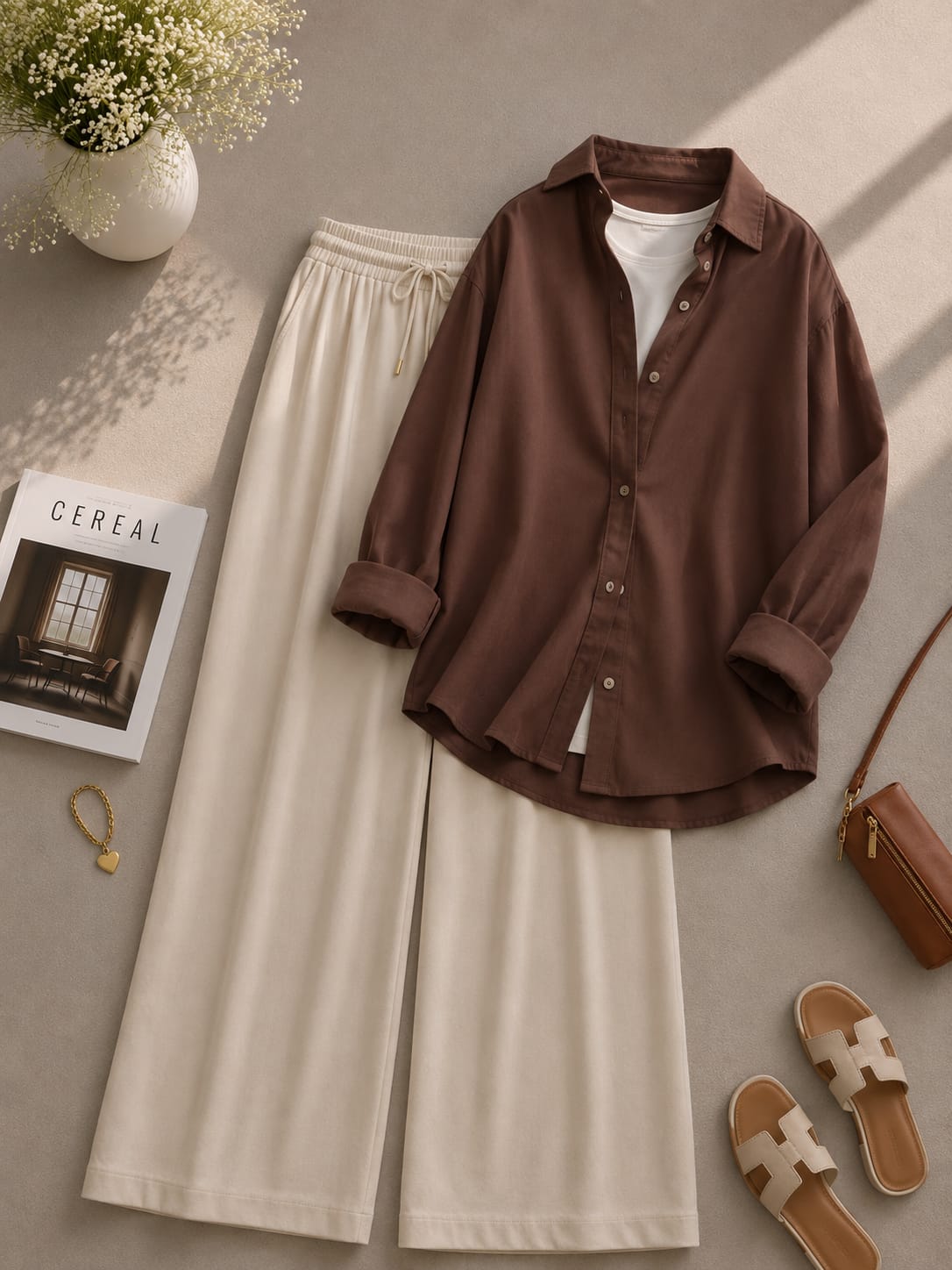 Brown Button Down Shirt With White Inner & Beige Flapper Trouser