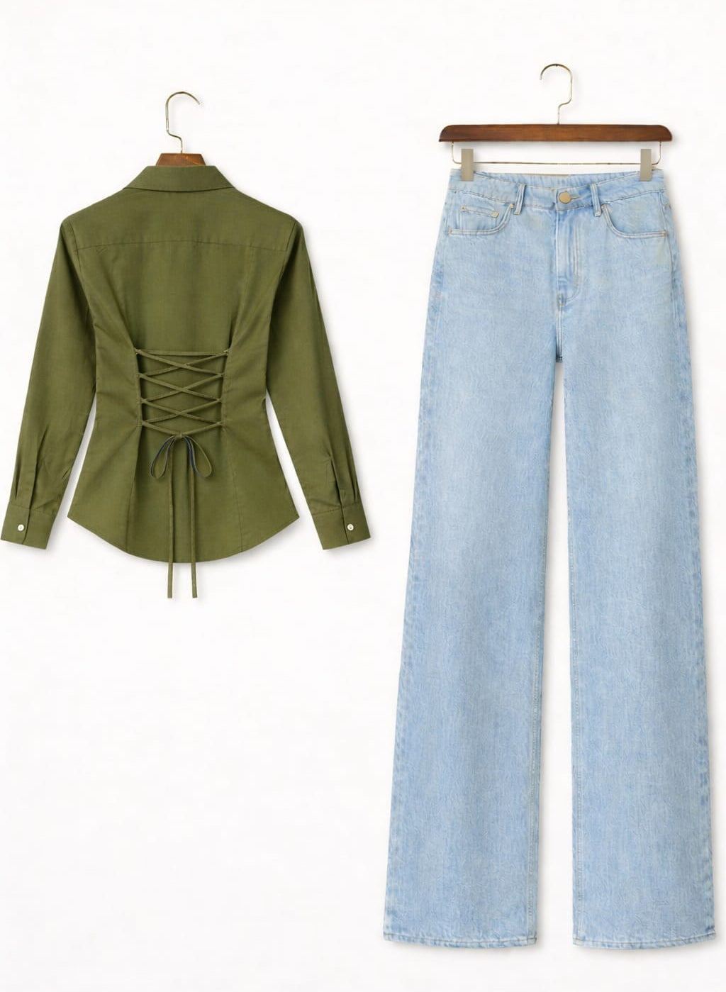 Olive Green Fitted Button Down Shirt & Ice-Blue Wide Leg Jeans