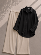 Black Button Down Shirt With Beige Flapper Trouser