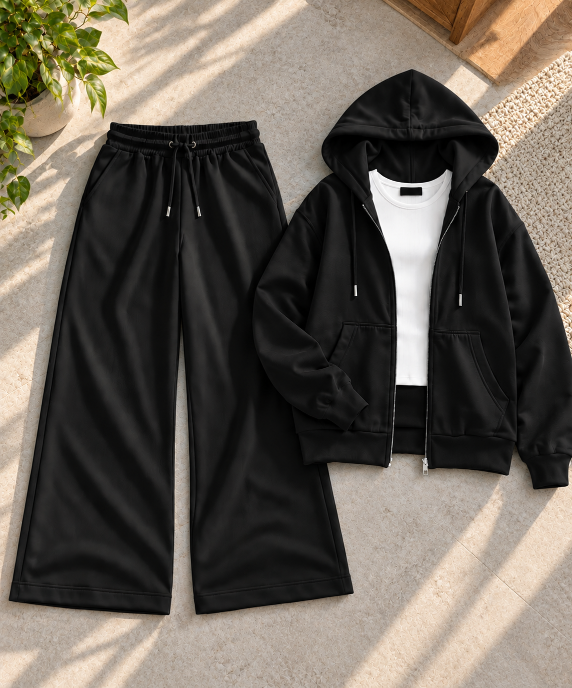 Black Zipper Hoodie with White Inner & Black Flapper Trouser