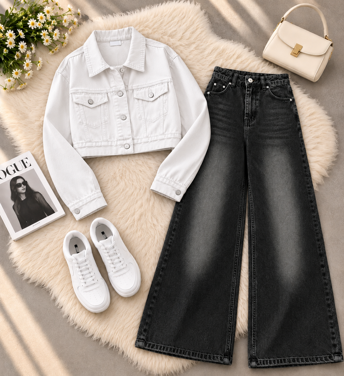 White Crop Denim Jacket with Black Shaded Jeans