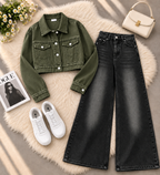 Olive Green Crop Denim Jacket with Black Shaded Jeans