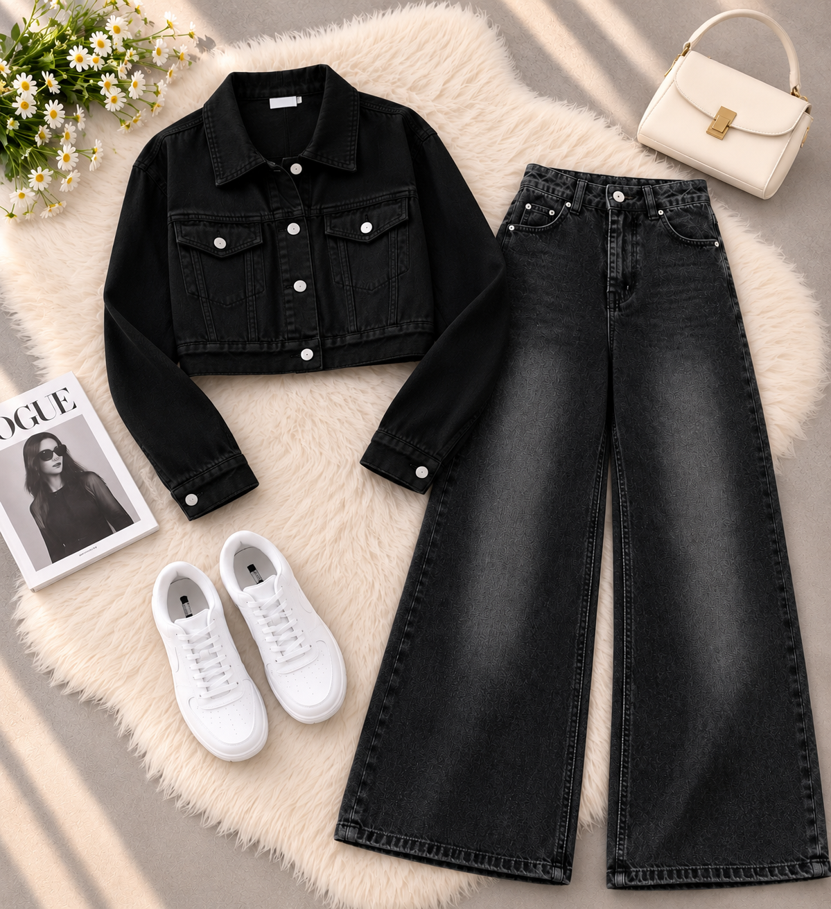 Black Crop Denim Jacket with Black Shaded Jeans