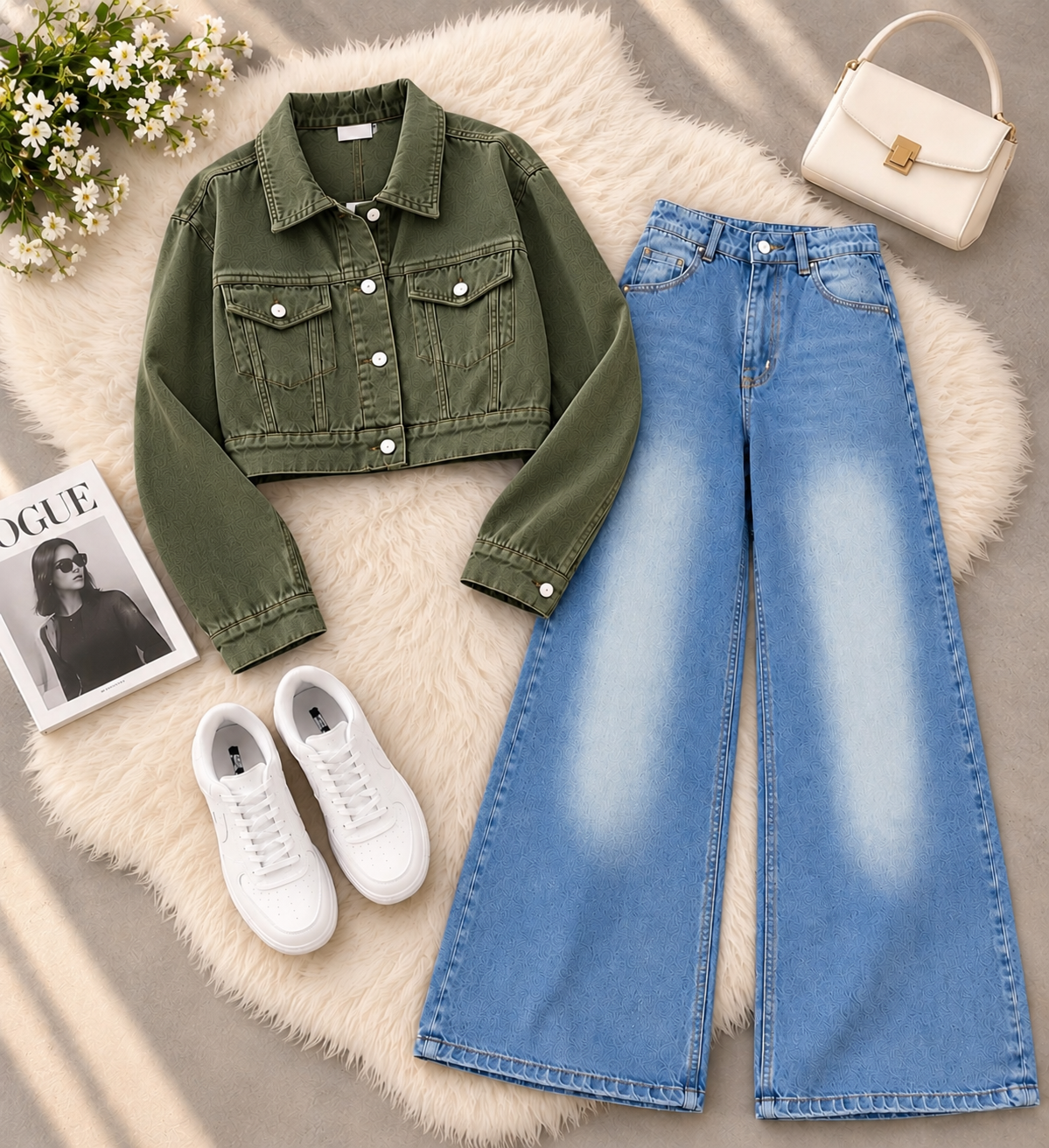 Olive Green Crop Denim Jacket with Ice Blue Shaded Jeans