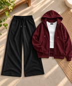 Burgundy Zipper Hoodie with White Inner & Black Flapper Trouser