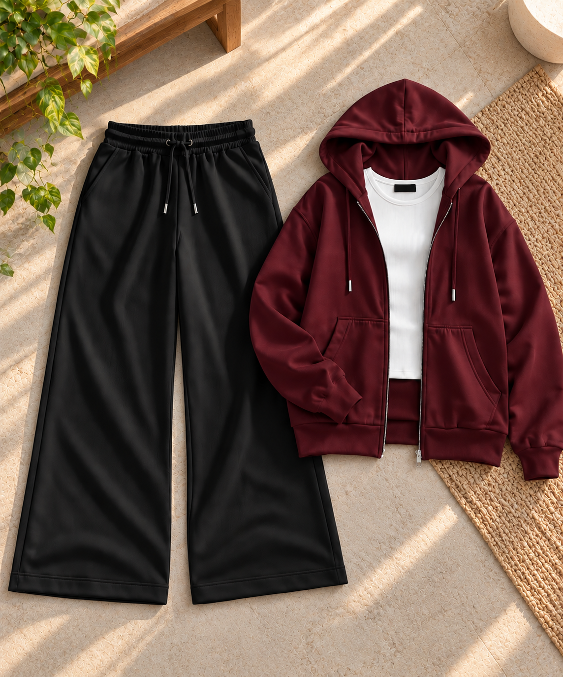 Burgundy Zipper Hoodie with White Inner & Black Flapper Trouser