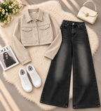 Beige Crop Denim Jacket with Black Shaded Jeans
