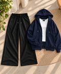 Navy Blue Zipper Hoodie with White Inner & Black Flapper Trouser