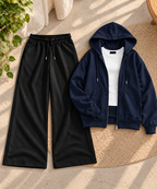 Navy Blue Zipper Hoodie with White Inner & Black Flapper Trouser