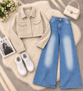 Beige Crop Denim Jacket with Ice Blue Shaded Jeans