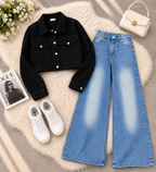 Black Crop Denim Jacket with Ice Blue Shaded Jeans