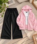 Baby Pink Zipper Hoodie with White Inner & Black Flapper Trouser