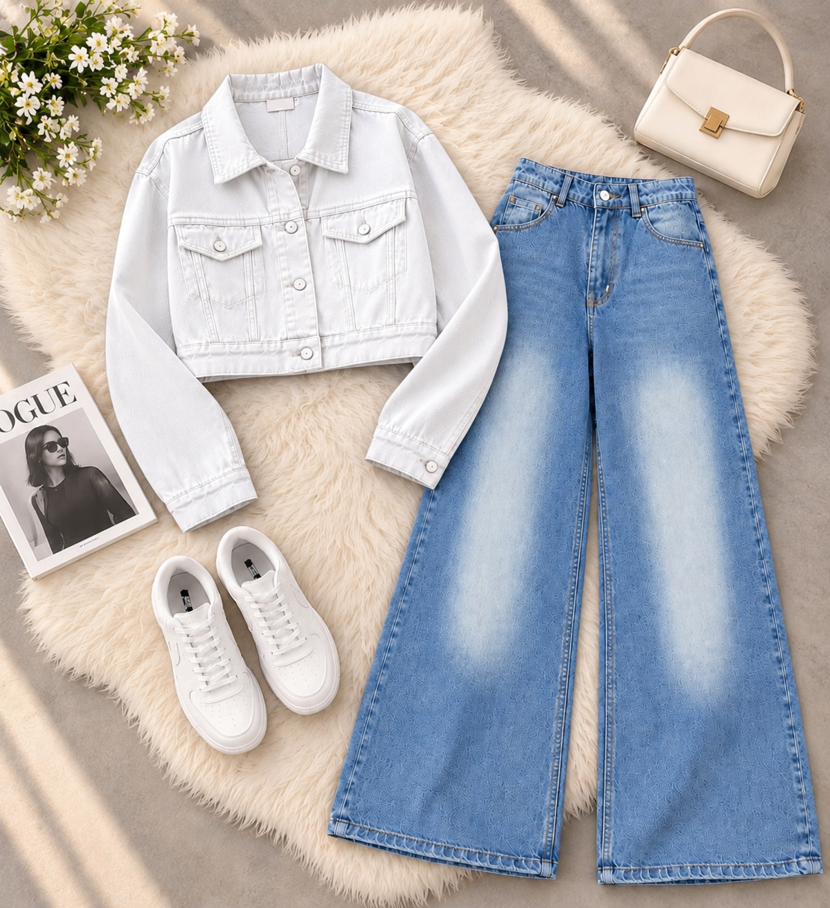 White Crop Denim Jacket with Ice Blue Shaded Jeans